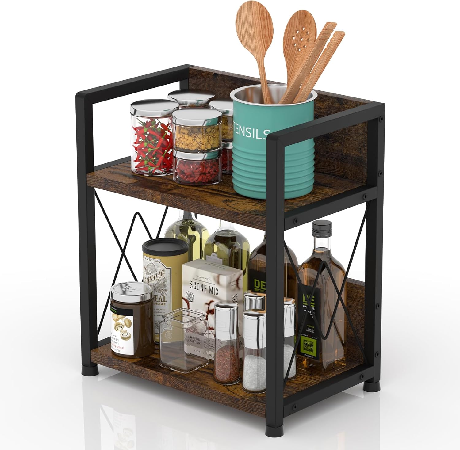 Aduanbang Coffee Bar Accessories Organizer, 2 Tier Wooden Kitchen Counter Shelf, Coffee Organizer Station for Countertop, Condiment Rack for Mugs, Cups, Cream, Syrup