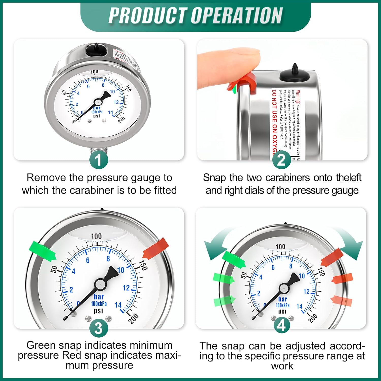 0-200PSI Stainless Steel Liquid Filled Pressure Gauge, 2.5" Dial Size, 1/4" NPT 316 Stainless Steel Joint, Lower Mount, for Tube, Water Pump, Gas, Liquid (with Range Mark Pointer)