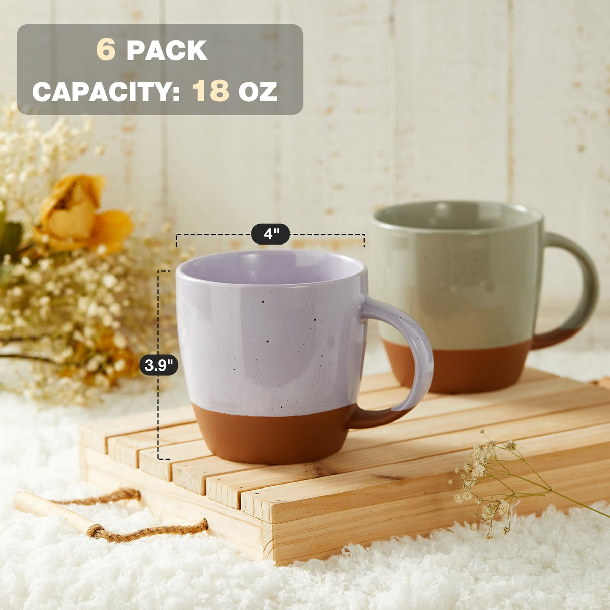 Six large ceramic mugs in pink, beige and gray