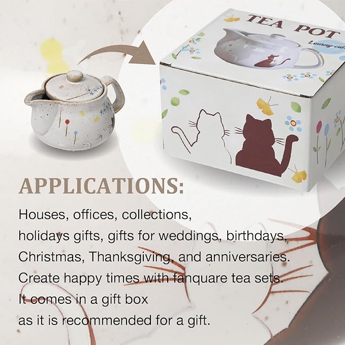 10oz Cat kyusu Kutani Yaki(ware) Japanese CeramicTeapot with Removable Infuser, Stovetop Safe Tea Kettle, Blooming and Loose Leaf Tea Maker Set (Cat, White)