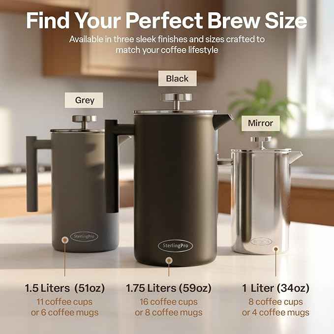 Stainless Steel French Press Coffee Maker 1.5 L (51 oz) Grey – Double Walled Insulated Large Coffee Press, Durable Design Keeps Drinks Hot, Easy to Use and Clean for Rich Flavor Brewing