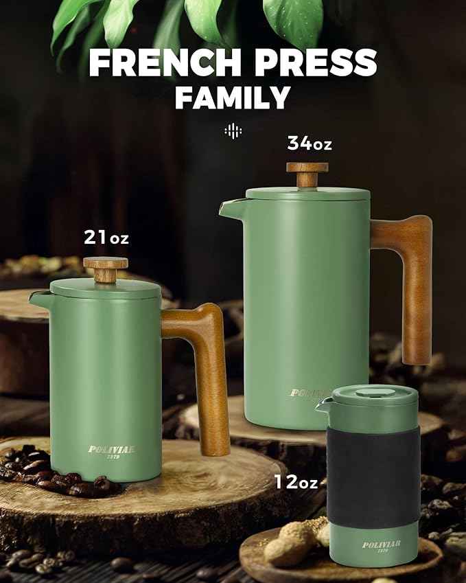 POLIVIAR French Press Coffee Maker, 21 oz Coffee Press with Real Wood Handle, Double Wall Insulation & Dual-Filter Screen, Food Grade Stainless Steel for Good Coffe and Tea, JX2024-SFPN