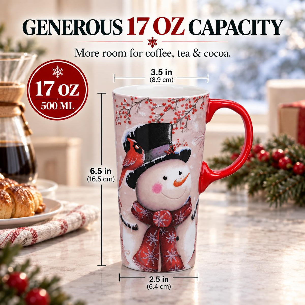 Ceramic Christmas mug with red handle and black lid