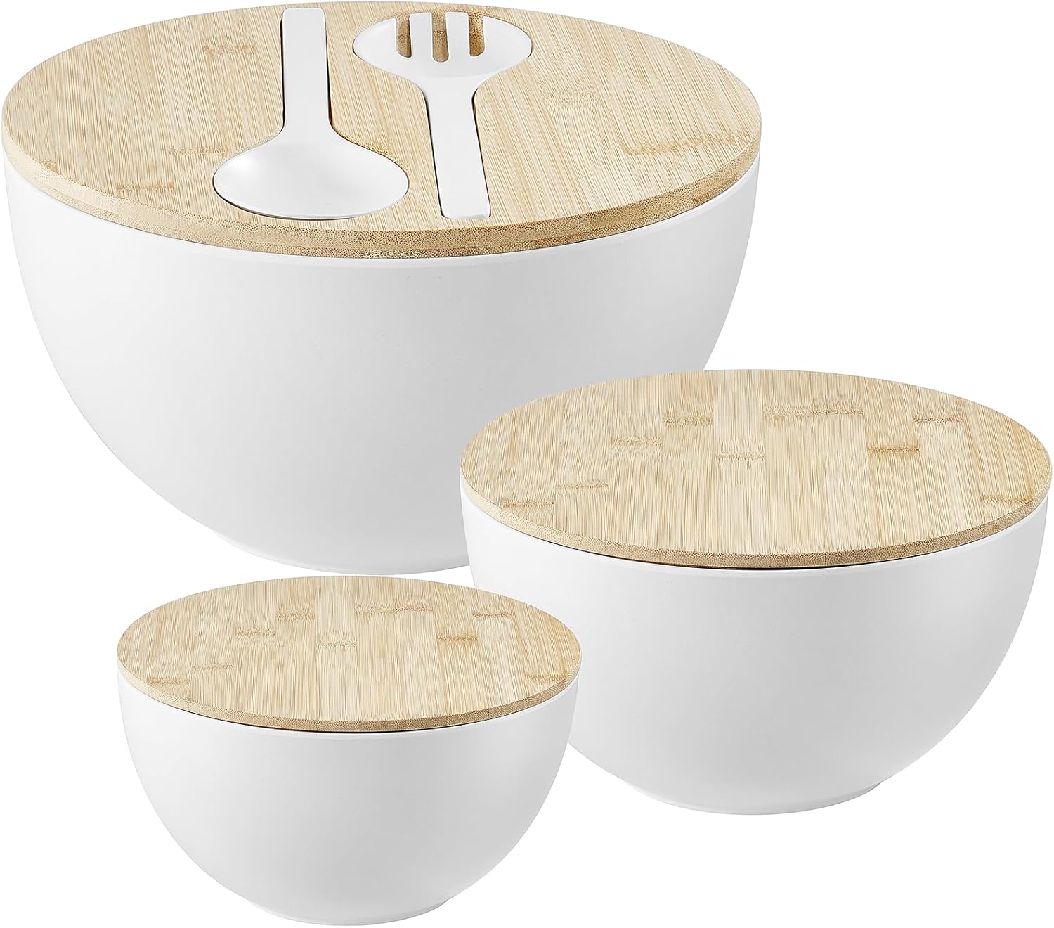 Large Salad Bowls with Bamboo Lids Set of 3, Mixing Nesting Bowls Round Serving Bowls with Servers for Salads, Kitchen Eating, Pastas, Popcorn, Chips, Trifle, Fruit, Food Prepare (White,10