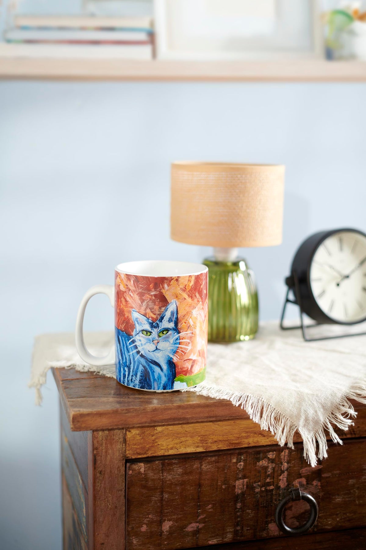 Large 18 oz ceramic-style mug with abstract cat design