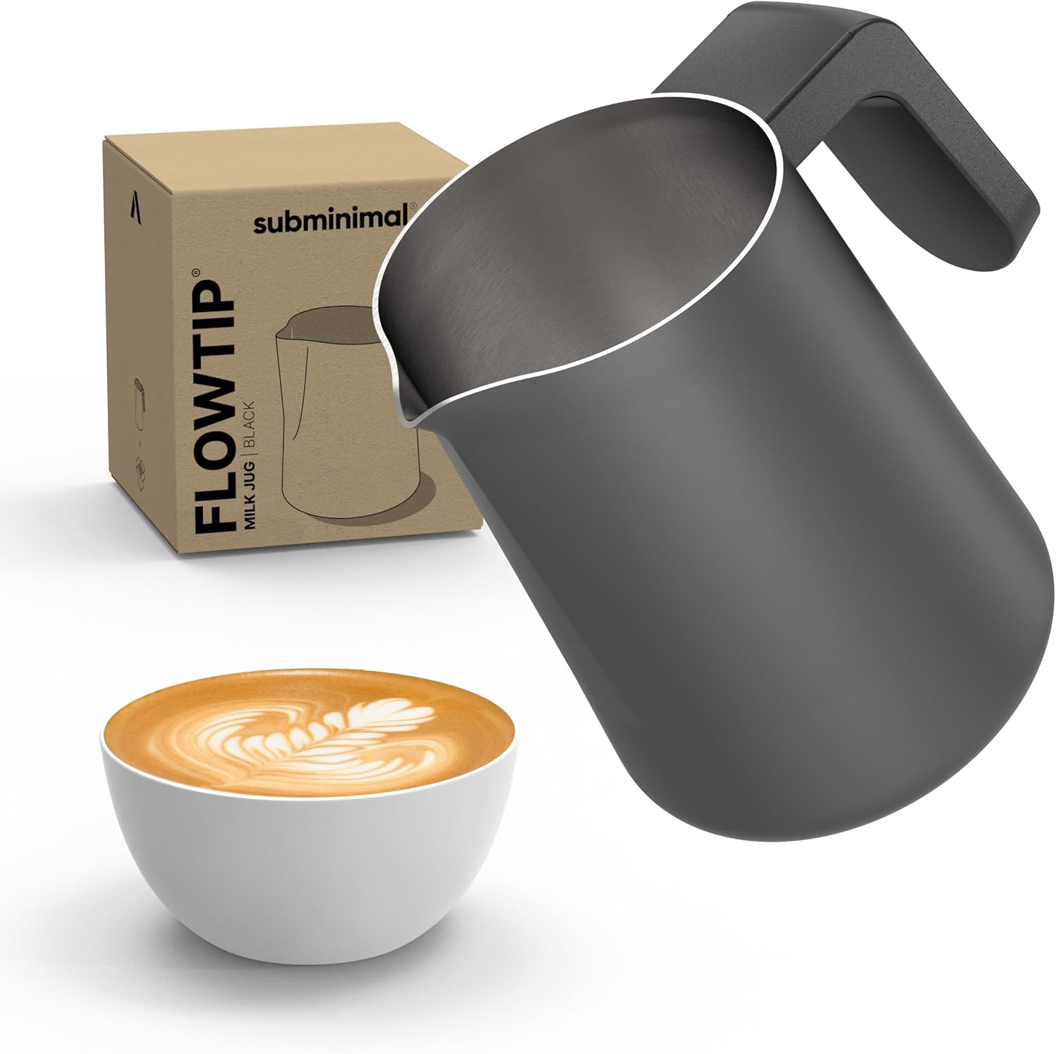 Subminimal FlowTip Milk Jug | Stovetop Milk Frothing, Foaming Pitcher for Premium Barista-Style Coffee at Home | Cappuccino & Latte Art Pouring Jug with Ergonomic Heat Resistant Handle | 450ml, Black