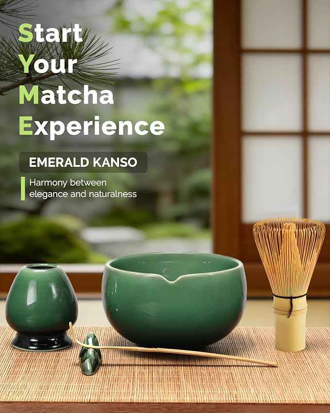 Maestri House Matcha Whisk Set, 7-Pc Complete Matcha Kit with Spouted Ceramic Bowl, Bamboo Whisk and Holder, Scoop, Spoon Rest & Sifter, Tea Cloth – Ideal Gift for Matcha Lovers (Emerald Kanso)