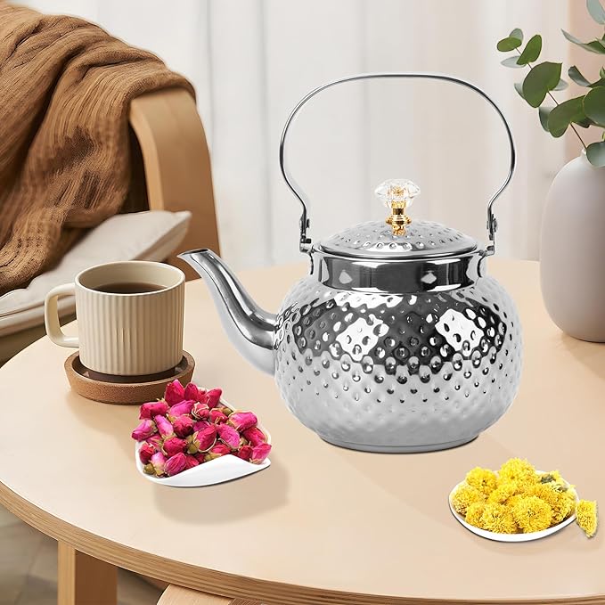 Hammered Tea Kettle, Stainless Steel Tea/Coffee Pot Loose Leaf Teapot for Tea, Milk, Coffee, 1.2L Teapot with Strainer Stovetop Tea Kettle, Outdoor Travel Supplies, Gift For Tea (Silver)
