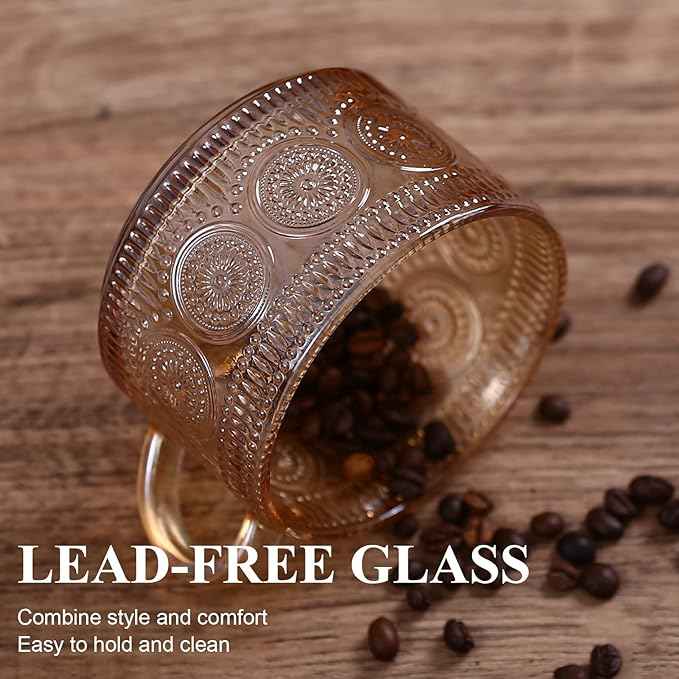 Amber Vintage Glass Coffee Mugs gifts for women, 14 Oz Set of 4 Embossed Glassware Tea Cups for Breakfast, Cappuccino, Latte, Yogurt, Christmas Mothers Day Gifts Coffee Bar Accessories