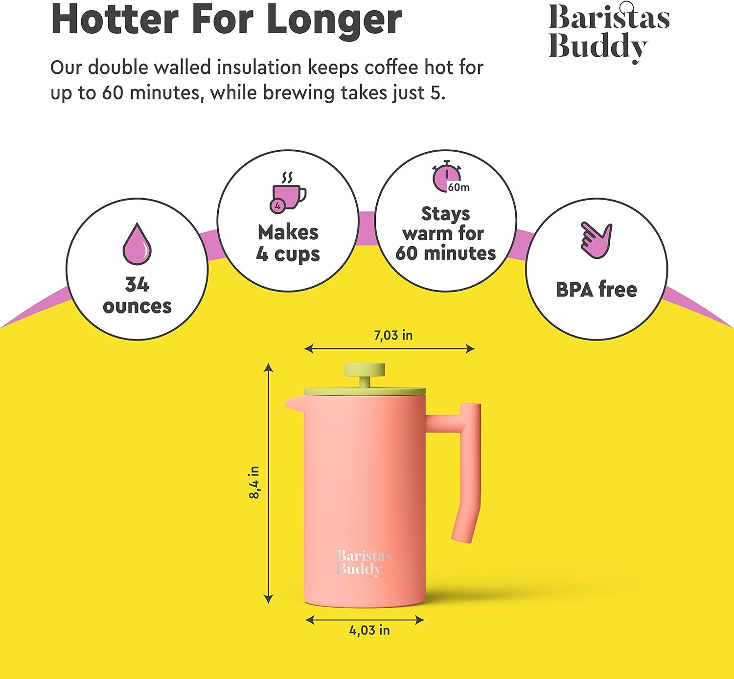 Cute Pink French Press Coffee Maker - Colorful, Retro And Stylish Insulated Coffee Brewer - Large Size Brews 4 Cups - Blissbrew