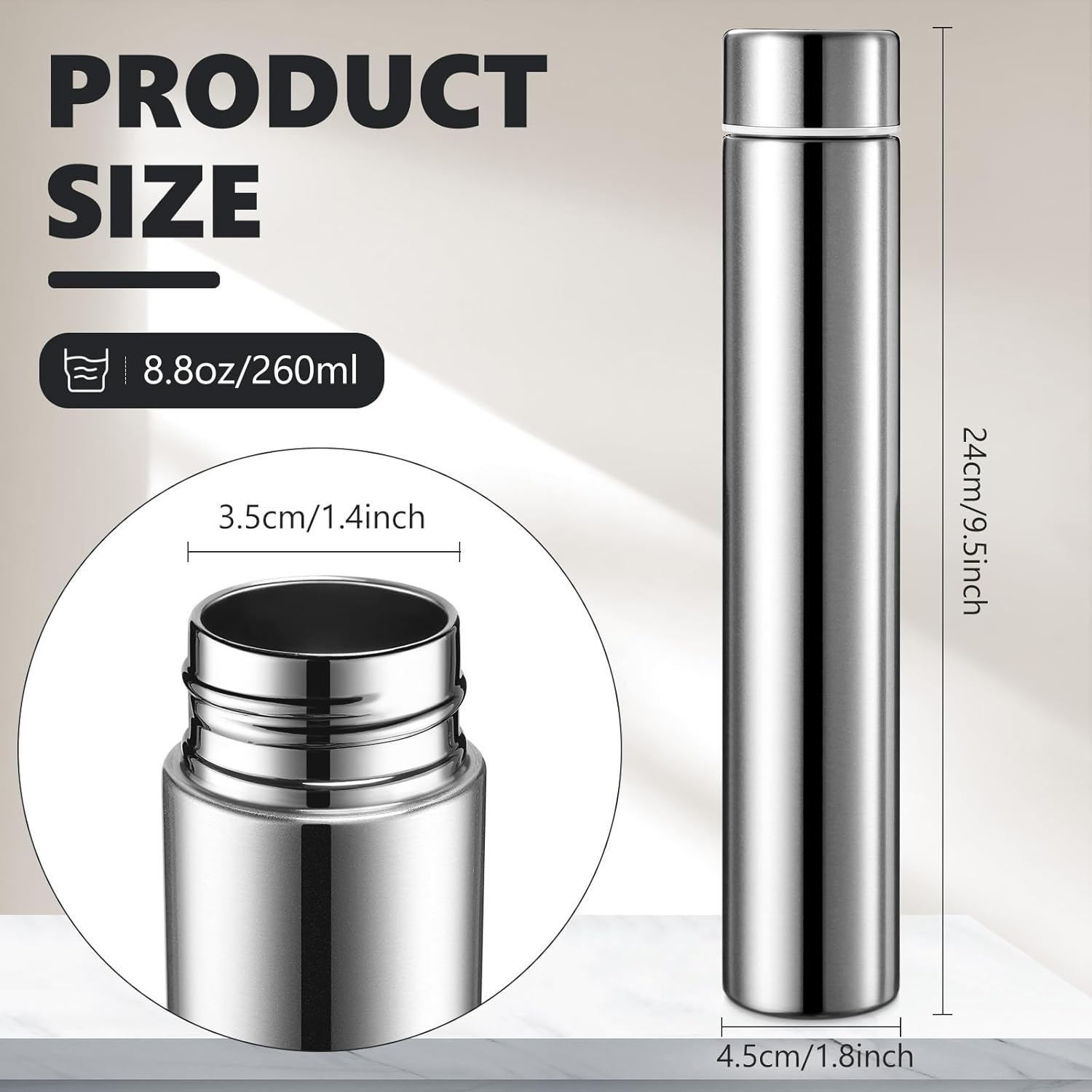 Vesici Slim Water Bottle 8.8 oz Small Stainless Steel Purse Compact Insulated Water Bottles Camping Travel Backpack Pocket Flask for Car Cold Coffee Tea(Silver,2 Pack)