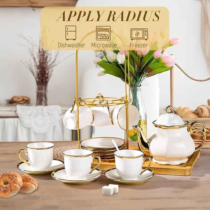 20 Pcs Porcelain Tea Set with Metal Holder, European Ceramic Tea Set for Adults, Coffee Tea Gift Sets, French Tea Cup Saucer Set for Party With Gold Trim (French White)