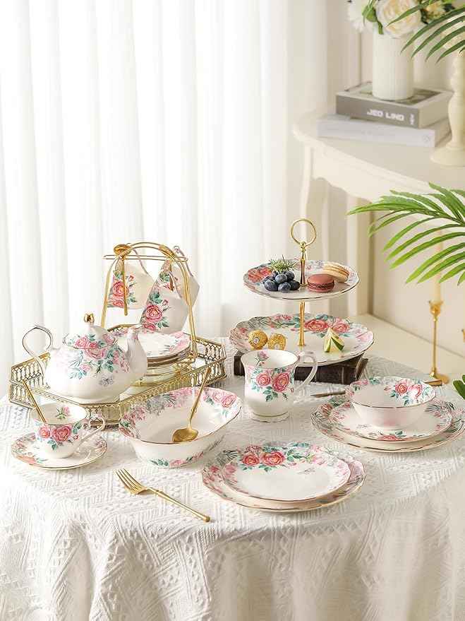 15 Piece Bone China Tea Cup Sets, Elegant Flower Painting Teapot Cup Saucer,Sugar Bowl Cream Pitcher Teaspoons for Tea/Coffee,Gifts Set for Adults.