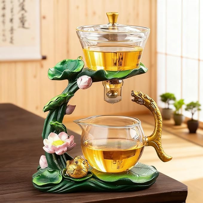 Lazy Kungfu Glass Tea Set Heat Resistant Semi Automatic Drip Rotating with Infuser Magnetic Teapot Set for Gongfu Tea Making Ideal (Lotus Fish)