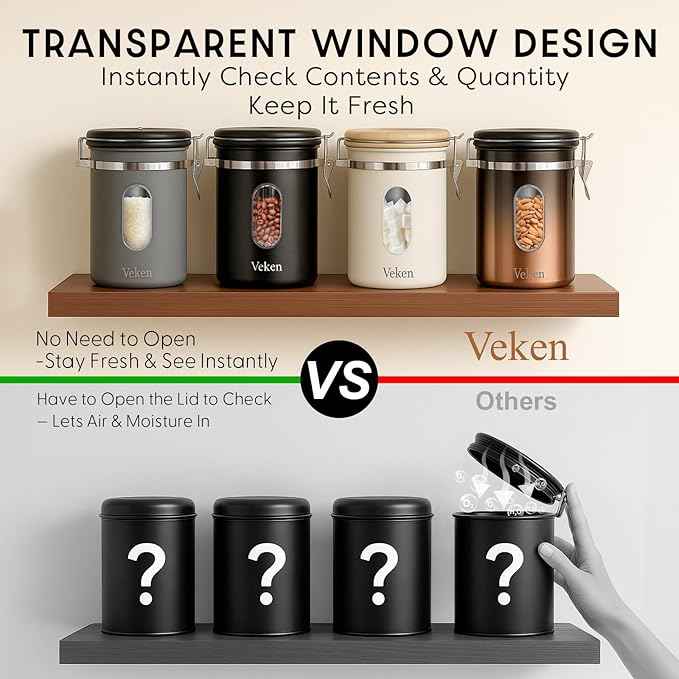 Veken Coffee Sugar Canister with Window, Airtight Stainless Steel Kitchen Food Storage Container with Lids, Date Tracker and Scoop for Grounds Coffee, Beans, Tea, Flour, Cereal Jars, 16OZ, Cream