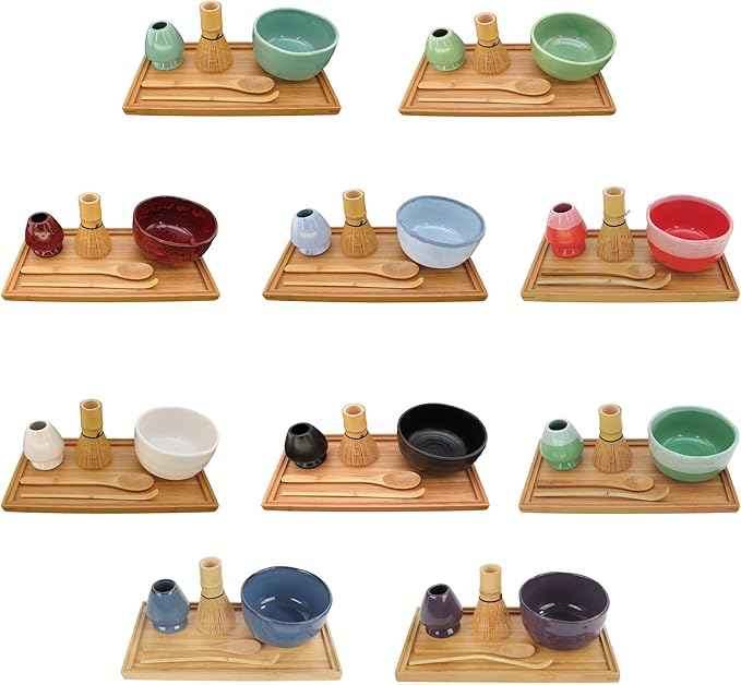 BambooMN Brand - Matcha Bowl Set (Includes Bowl, Rest,Tea Whisk, Chasaku, Tea Spoon & Tray) 2 Sets Purple