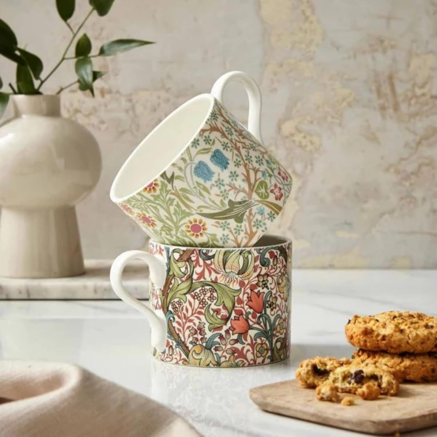 Spode Morris & Co Porcelain Mugs, Set of 2-12oz Microwave and Dishwasher Safe Tea & Coffee Cups for Kitchen Countertop or Home Brew Coffee Station, Great Gift for Mothers (Blackthorn & Golden Lily)