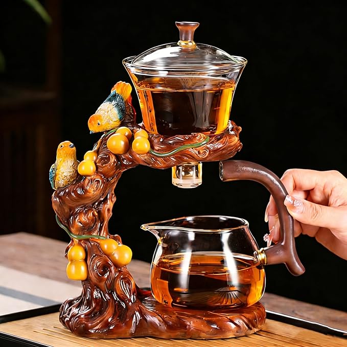 Glass Teapot Set with Infuser Semi Automatic Tea Set Lazy Kungfu Attraction Drip Rotating Magic Teapot Set (Bird)