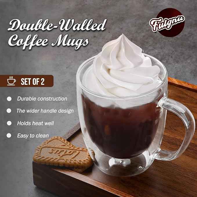 Double Walled Glass Coffee Mugs, 18oz Glass Coffee Cup Set of 2, Double Insulated Coffee Mugs for Espresso, Cappuccino, Latte, Tea Bag, Hot Beverages