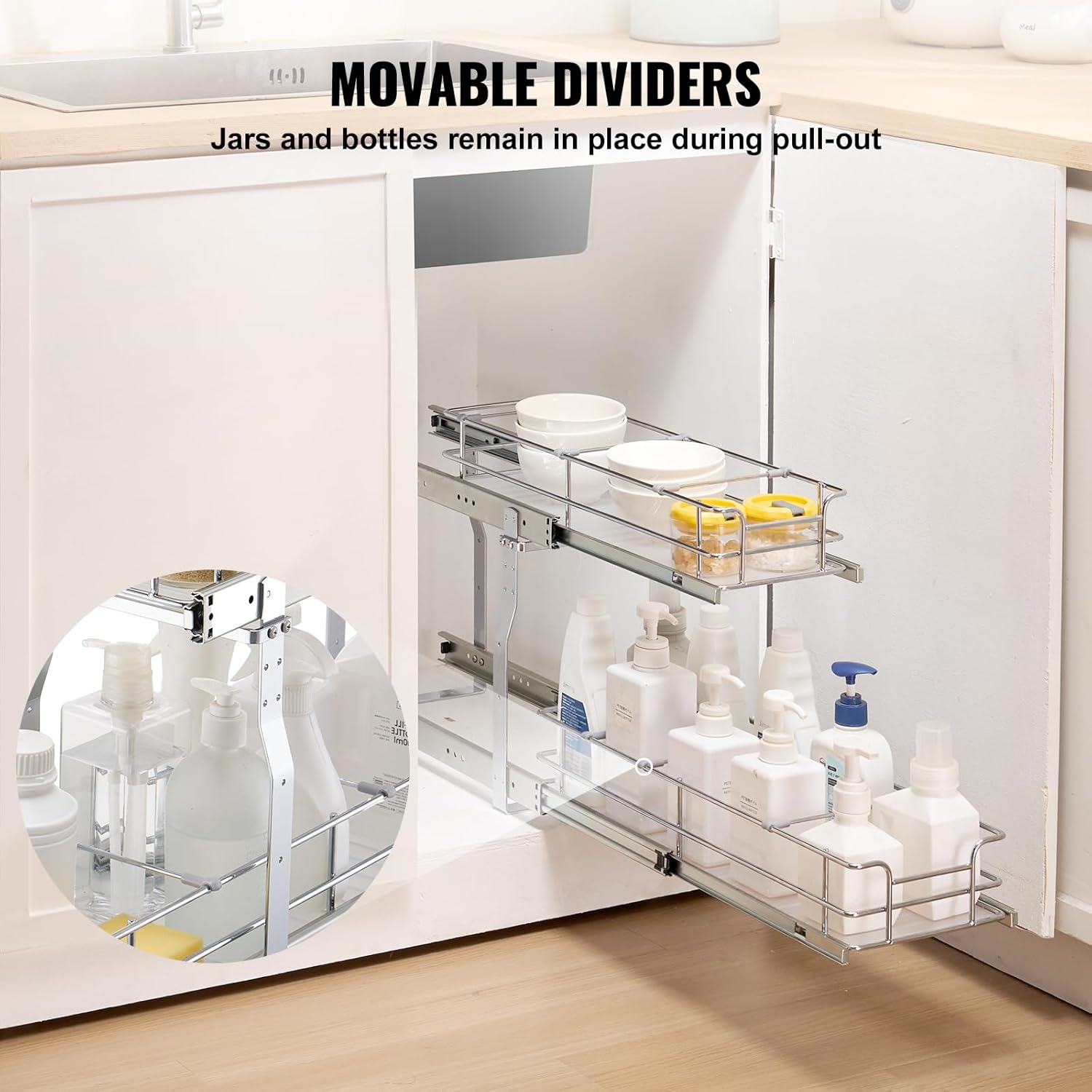 VEVOR Pull Out Cabinet Organizer, 8.5"W x 21"D Heavy Duty Slide Out Pantry Shelves, Chrome-Plated Steel Roll Out Drawers, Sliding Drawer Storage for Home, Inside Kitchen Cabinet, Bathroom, Under Sink