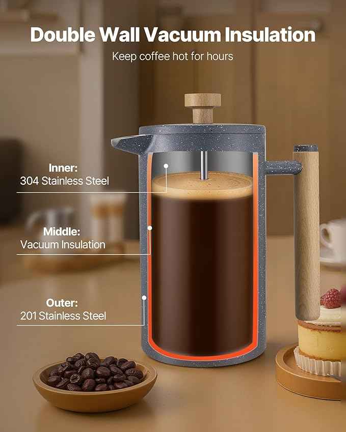 VEVOR French Press Coffee Maker, 34 Ounce 1 Liter Stainless Steel Coffee Press Tea Maker with Filter, Large Double Wall Insulated French Presses Cold Brew for Camping Travel Home Kitchen, Black