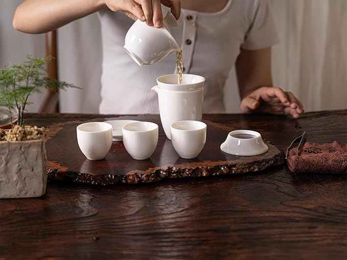 KEYDUACU Gaiwan Chinese Gongfu Tea Set，Asian Adult White Ceramic Tea Set, 6 Cups Suitable for Small Gatherings, Home and Office,Gift Giving(Home-Lotus Flower)