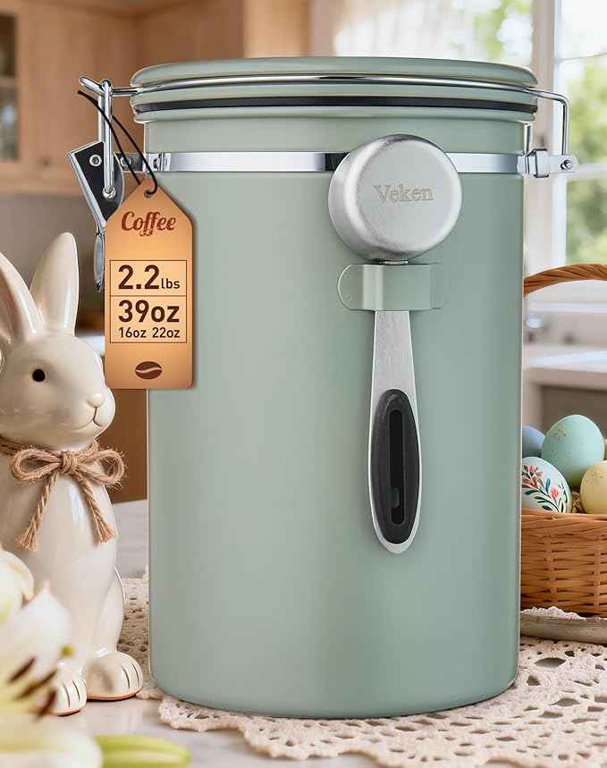 Veken Coffee Canister, 39OZ Large, Airtight Stainless Steel Food Storage Container for 2.2lbs Coffee Beans, Ground, Sugar, Tea, Flour, Cereal, Kitchen Bar Accessories with Date Tracker & Scoop, Green