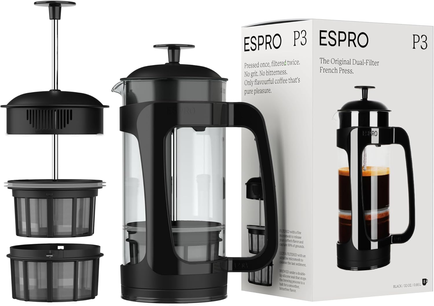 ESPRO - P3 French Press Coffee Maker – Patented Double Microfilter for Sludge and Grit Free Coffee, Black, 32 oz - Blissbrew