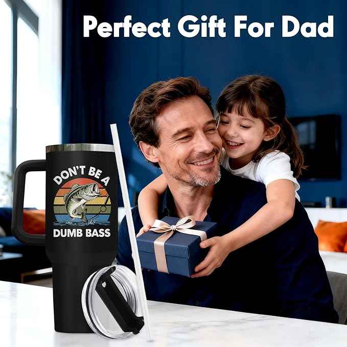 34HD Funny Fishing Tumbler 40oz with Handle Lid and Straw, Don’t Be a Dumb Bass Insulated Travel Coffee Cup, Father’s Day Gift for Men & Papa, Outdoorsman Fisherman Birthday Present