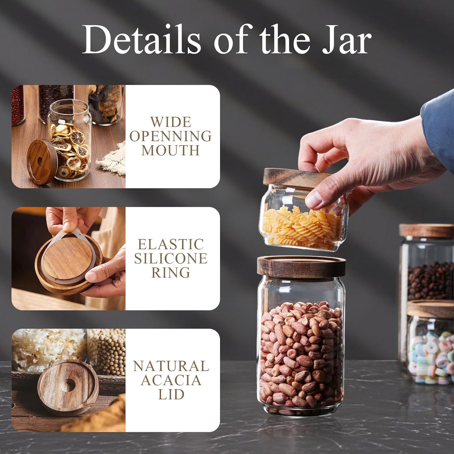 Glass Jars with Airtight Wood Lids - 57 oz Large Kitchen and Pantry Storage Containers, Canisters for Spaghetti, Noodles, Pasta, Ground Coffee, Sugar, Cereal, Set of 2