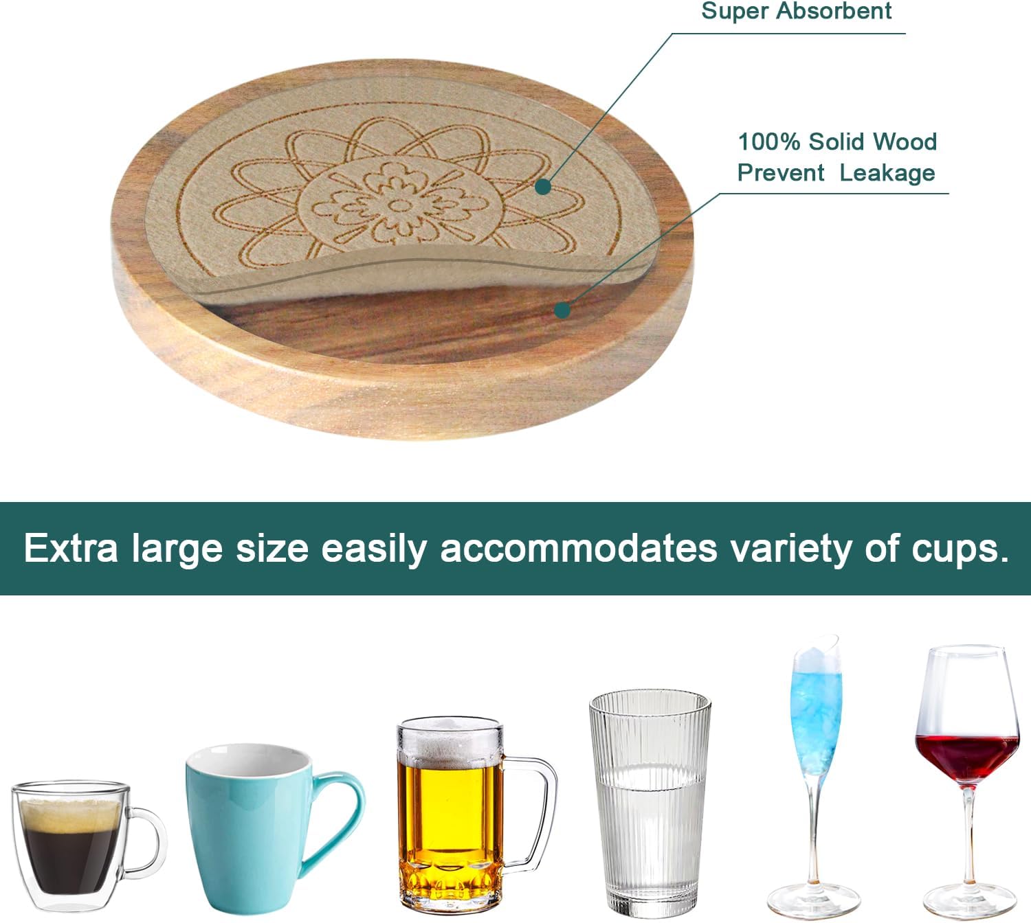Wood Coasters for Drinks Housewarming Gifts for Home Decoration Coasters Sets of 6 Absorbent Coasters with Holder Funny Coasters for Coffee Tabletop Protection 4.3 Inch Beige, CRB6-B004