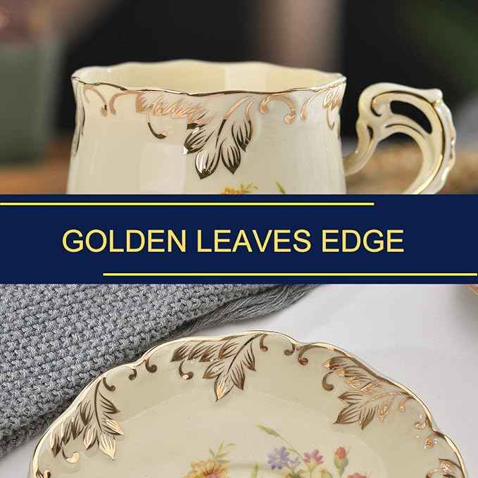 YOLIFE 8 OZ Flowering Shrubs Tea Cups and Saucers Set of 6, Ivory Ceramic Floral Teacups Set, Coffee Cups with Golden Rack
