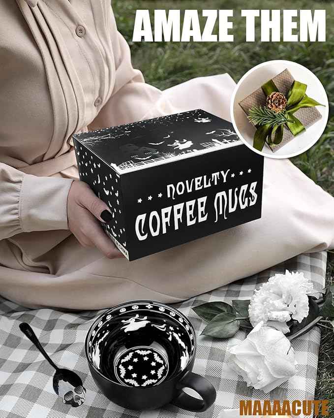 Christmas Gifts, Midnight Skull Coffee Mugs with Spoons, Halloween Birthday White Elephant Weird Gifts for Women Men Girl Friends, Halloween Spooky Witchy Gothis Decor Horror Novelty Tea Cup