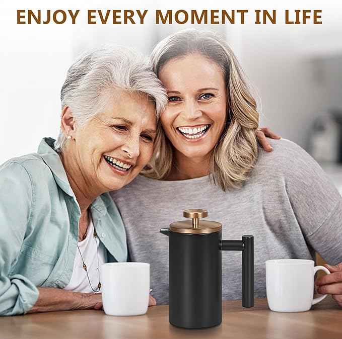 Black Mini French Press Coffee Maker 12oz, Single Cup French Press with Rose Gold Lid, 3 Extra Filters & 1 Gold Spoon(350ml Compact Travel Size) Dishwasher Safe