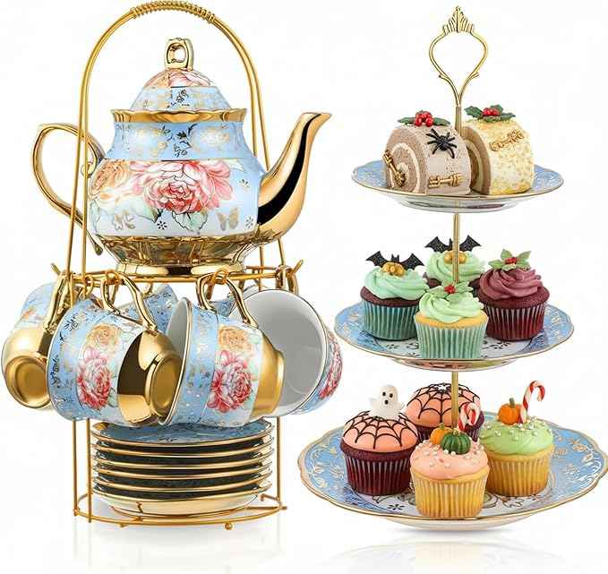 Maxcheck 21 Pcs Porcelain Tea Set for Women Tea Party with Metal Holder and 3 Tier Cake Stand Ceramic European Floral Teapot Set for Adults Mother's Day Christmas Thoughtful Gift(Advanced Style)