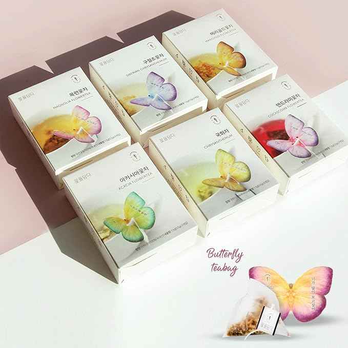 KKOKDAM Korean Tea Gift Set – 6 Flavor Butterfly Tea Bag Sampler – Elegant Box for Tea Lovers - Unique Gift