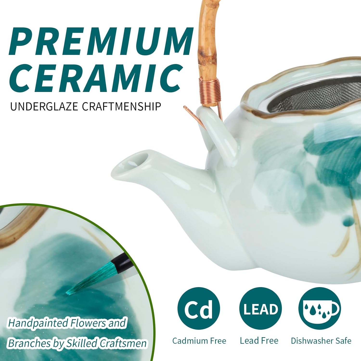 Japanese Tea Set Porcelain Tea Set with Teapot and Tea Cup Set for 4, Green and White Tea Sets for Adults with Stainless Infuser and Bamboo Tray, Asian Tea Set for Tea Lovers/Women/Men (Lotus)