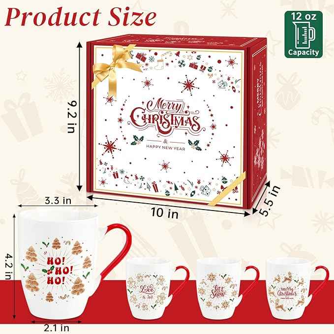 Classic Christmas Coffee Mug Set of 4, 12 oz Gingerbread Man Coffee Mug with Handle, Hot Cocoa Ceramic Mugs with Gift Box for Mom Woman Family Friends Colleagues