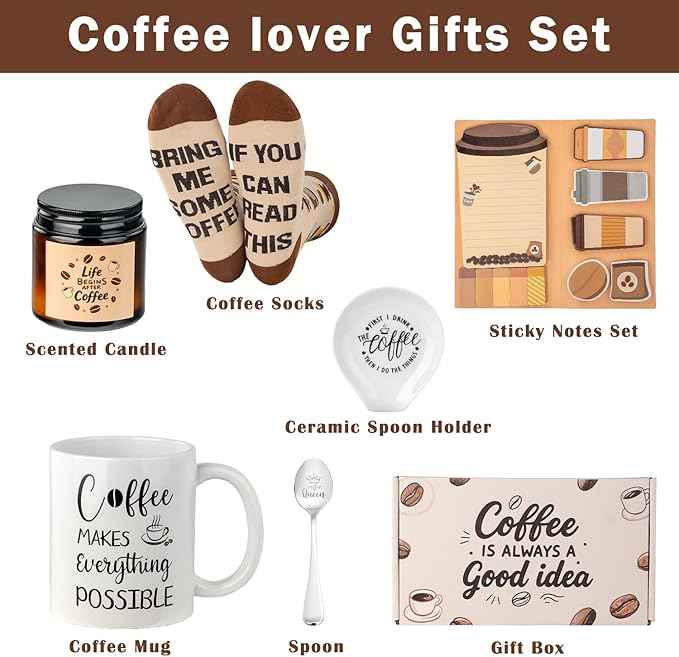Ithmahco Coffee Lover Gifts for Women Men - Includes Mug Spoon Rest Holder Candle Socks Sticky Notes Set, Coffee Gift Basket for Birthday Galentines Valentines Day Christmas Thanksgiving Gift Ideas