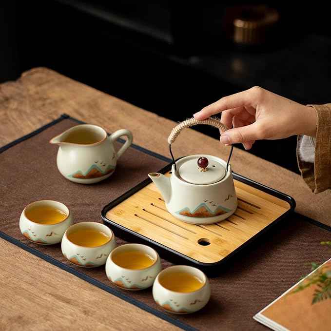 7-Piece Ruyao Ceramic Chinese GongfuTea Set, Traditional Crackle Glaze Teapot with Cups and Bamboo Tray, Gift Box Included