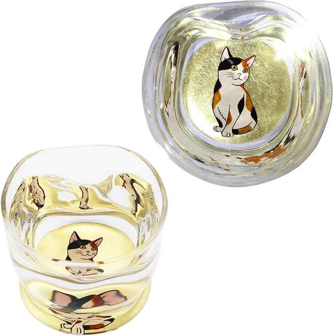 Kasyou Studio Calico Cat sake cup (Natural curl shape) Glass (Kanazawa Gold Foil, Gift Box), made in Japan, japanese sake cup soju glass luxury golden glassesVaso de Sake Japonés
