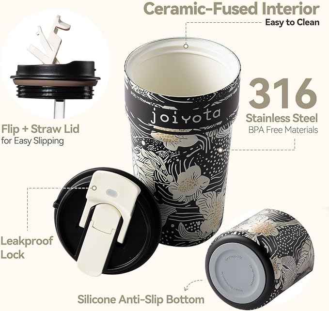 Ceramic Lined Insulated Coffee Tumbler 20oz with 3D Print Design, Double Wall Vacuum Insulated Travel Mug with Lid and Straw, Leak Proof Tumbler for Hot/Iced Coffee, Tea, Gift for Women,Flower