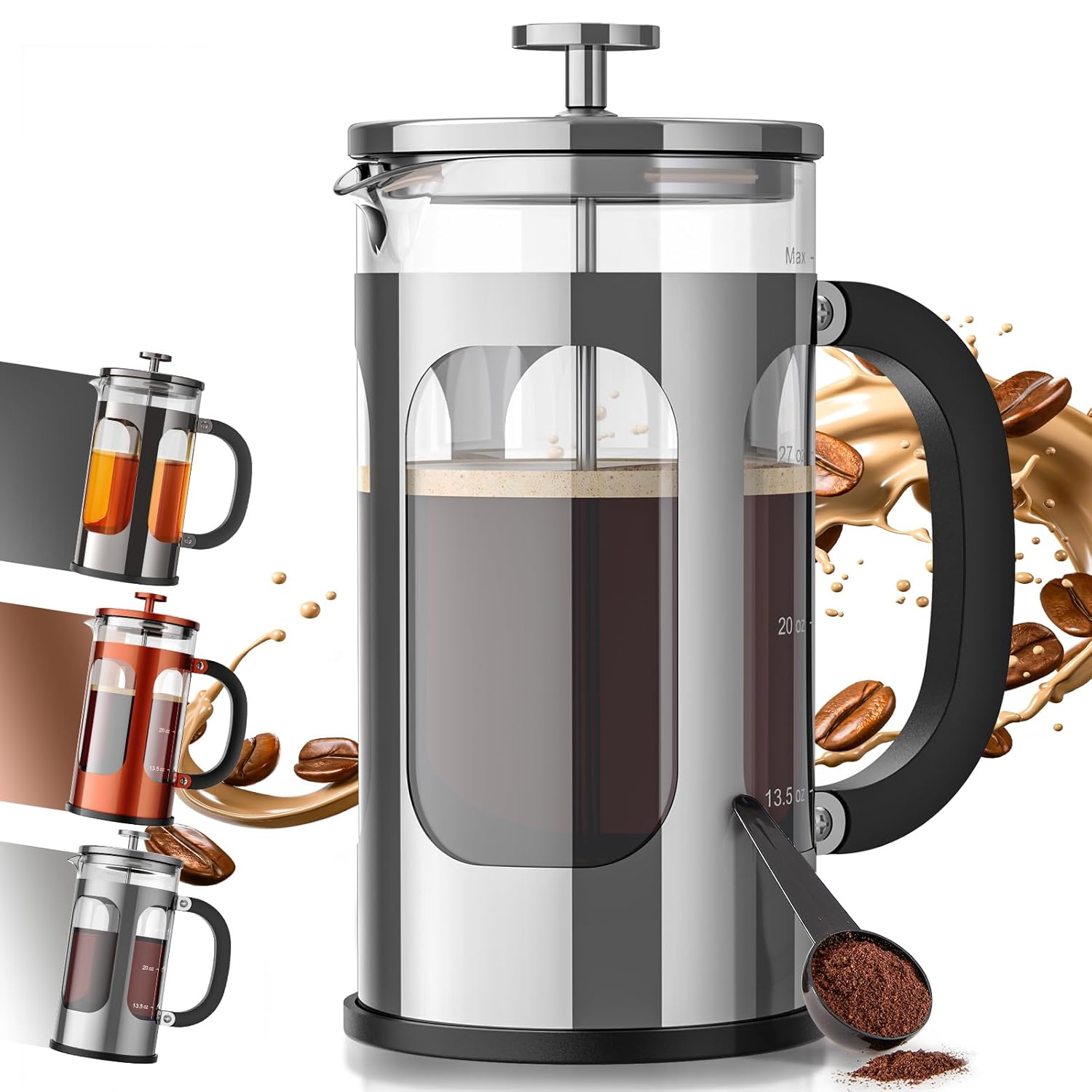 Veken French Press Coffee Maker 34oz 1 L, No Plastic Touching Cafe, Heat Resistant Thickened Borosilicate Glass, Stainless Steel Brewer, Cold Brew Cafetera Teapot for Kitchen Travel Camping, Silver