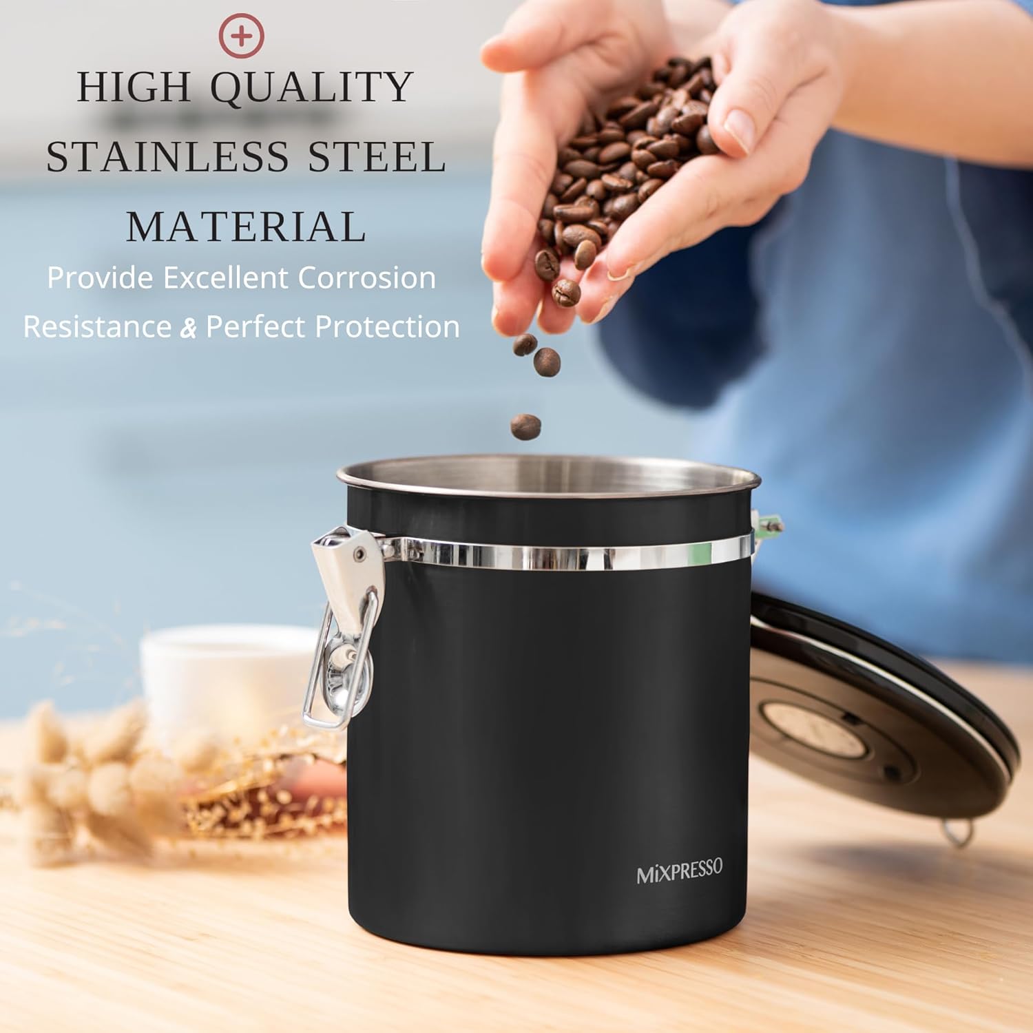Mixpresso 16 Oz Black Coffee Canister, Stainless Steel Airtight Coffee Container, Air tight Jar Tea Storage with Date Tracker, Vacuum Sealed Espresso Airtight Canister, Sugar Container for Home