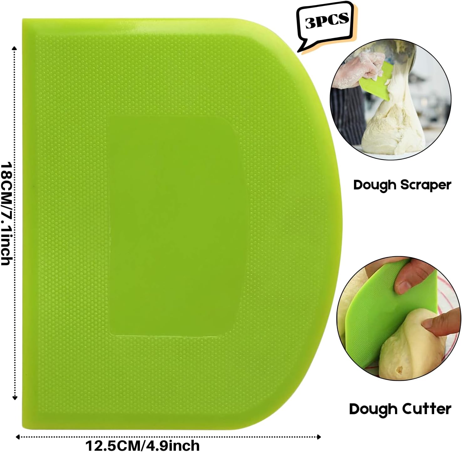 SURDOCA Dough Scraper Bench Scraper - 3P 7.1x4.9" Plastic Flexible Bowl Scraper, Sharp Edge & Angles Cake Scraper. Non-Slip Bakeware Decorating Tools Sculpting & Modeling Tools - White+Green+White
