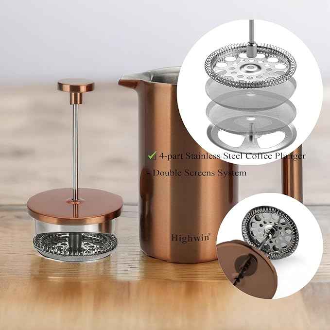 8-Cup Double Wall Insulated Stainless Steel French Coffee Press, 32-Ounce Durable Coffee Tea Maker with Stainless Steel Plunger, Copper