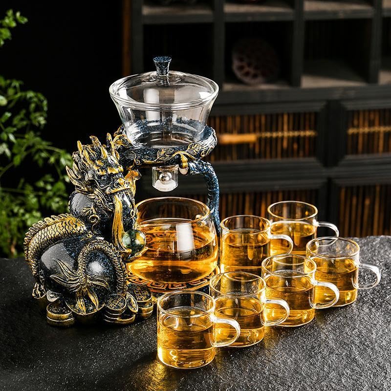 Glass Teapot Set with Infuser Semi Automatic Dragon Tea Set with 6 Small Cups