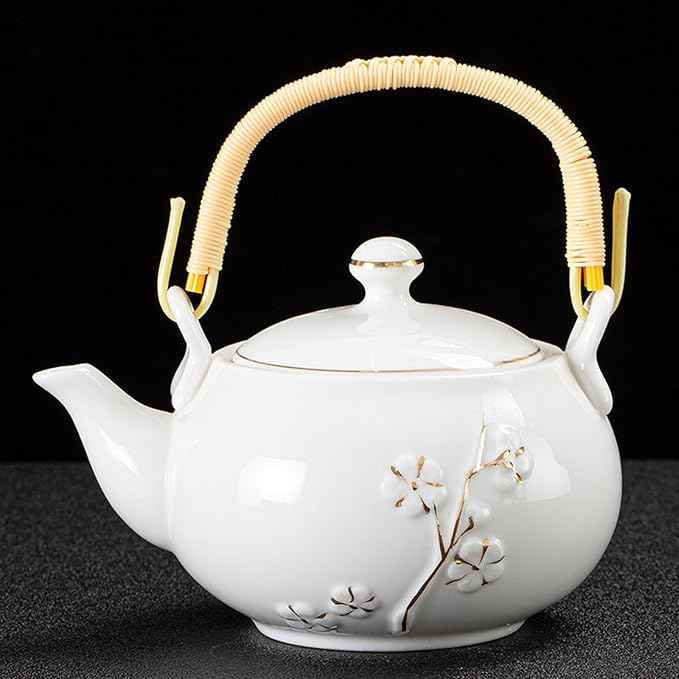 KEYDUACU Japanese Tea Set, White Ceramic Tea Set, Plum Blossom Embossed, Includes 1 Teapot (660ml), 6 Teacups,Tea Tray,Strainer, Can be used at home, outdoor, gift, Chinese Kung Fu Tea Set