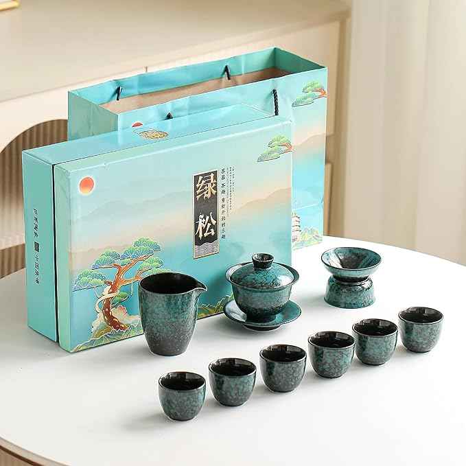 Chinese Tea Set, 10-Piece Ceramic Set with Teapot and Cups, Gongfu Tea Set,Tea Gift Sets,Outdoor and Office (Dark Green)
