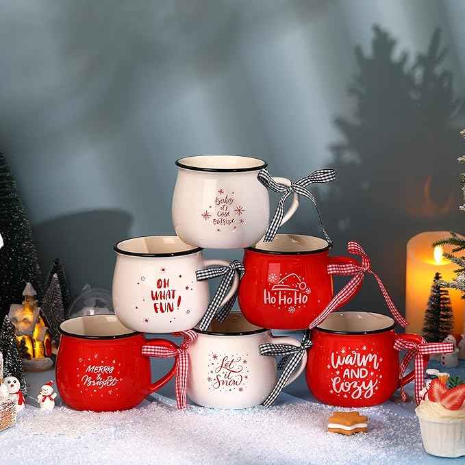 Sawysine Christmas Coffee Mugs Set of 6, 12 oz Ceramic Mug Gift Holiday Hot Cocoa for Family Mom Woman Friend Farmhouse (Candy Canes Style)